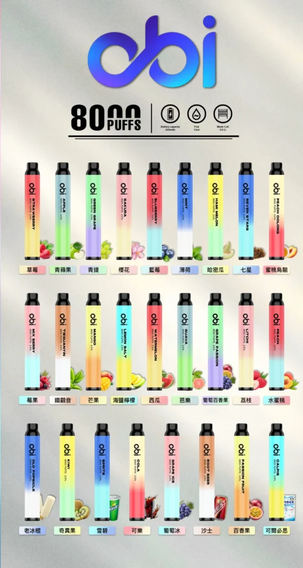 全口味1-821x1536 OBI 8000 一次性主機 13ML 大容量|三支 00 買 12 送 1